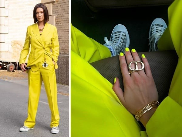 Không những trang phục đã chói lóa mà ngay cả màu móng tay của Bella Hadid cũng ăn rơ theo trang phục.