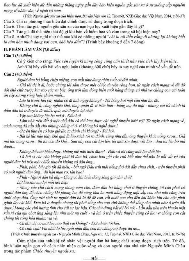 3. Đề thi Ngữ văn kỳ thi THPT quốc gia năm 2015