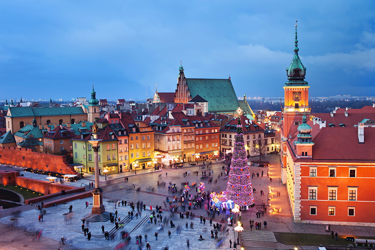 Photos Warsaw Poland New year New Year tree Cities Houses Christmas Christmas tree Building
