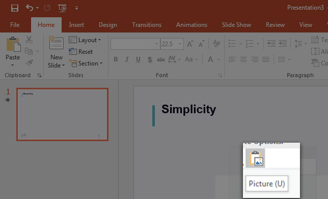 Right click and paste picture into PowerPoint slide