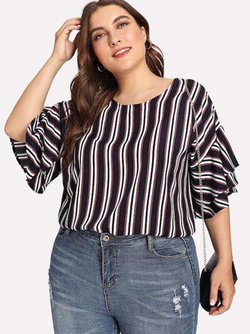 HM255 [áo sơ mi cho người mập] Áo kiểu sọc dọc cổ tròn tay loe kiểu công sở màu đen